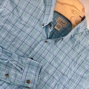 LL Bean Shirt Mens XL Regular Blue Teal Check Wrinkle Resistant Slightly Fitted